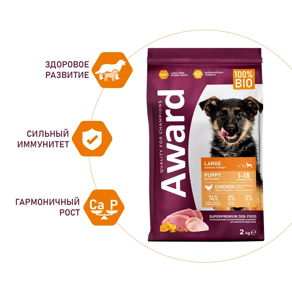 AWARD Сухой корм для щенков от 1 месяца крупных пород с курицей и индейкой, 2кг