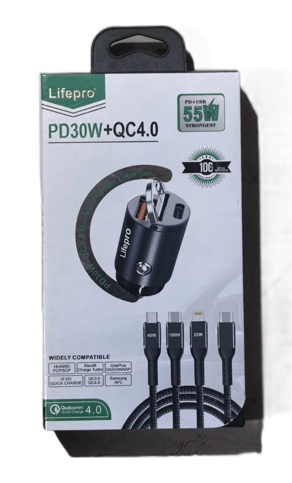 Автомобильное зарядное устройство Lifepro, PD30W+QC4.0 (55W), c кабелем в комплекте (за комплект)