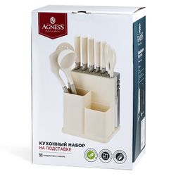 НАБОР AGNESS ИЗ 11ПР: 5 НОЖЕЙ,ПОЛОВНИК,ЛОПАТКА,ШУМОВКА,ПОДСТАВКА,НОЖЕТОЧКА,НОЖНИЦЫ, ЦВЕТ:БЕЛЫЙ/СЕРЫЙ