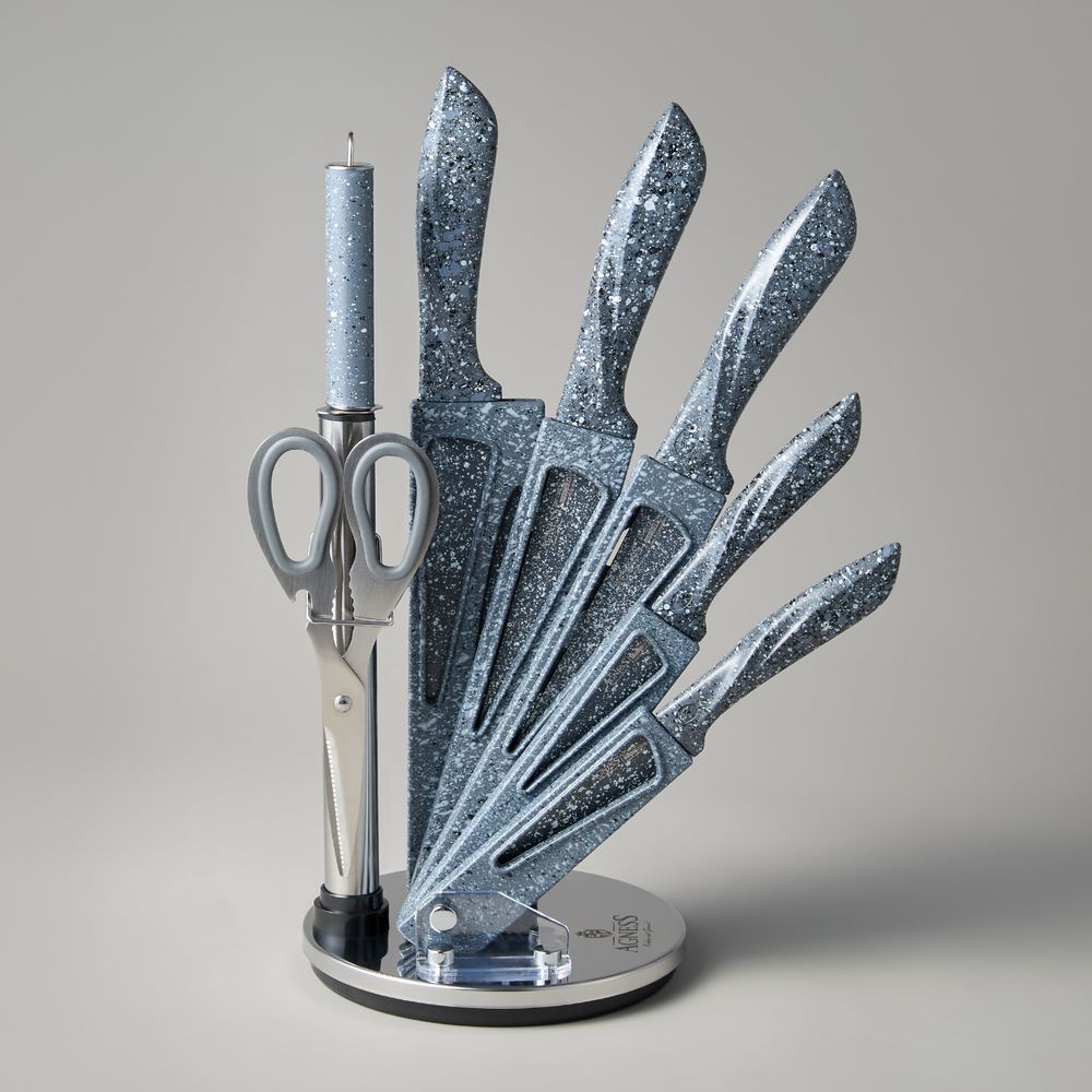 НАБОР НОЖЕЙ AGNESS "МОНБЛАН" С НОЖНИЦАМИ И МУСАТОМ НА ПЛАСТИКОВОЙ ПОДСТАВКЕ, 8 ПРЕДМЕТОВ