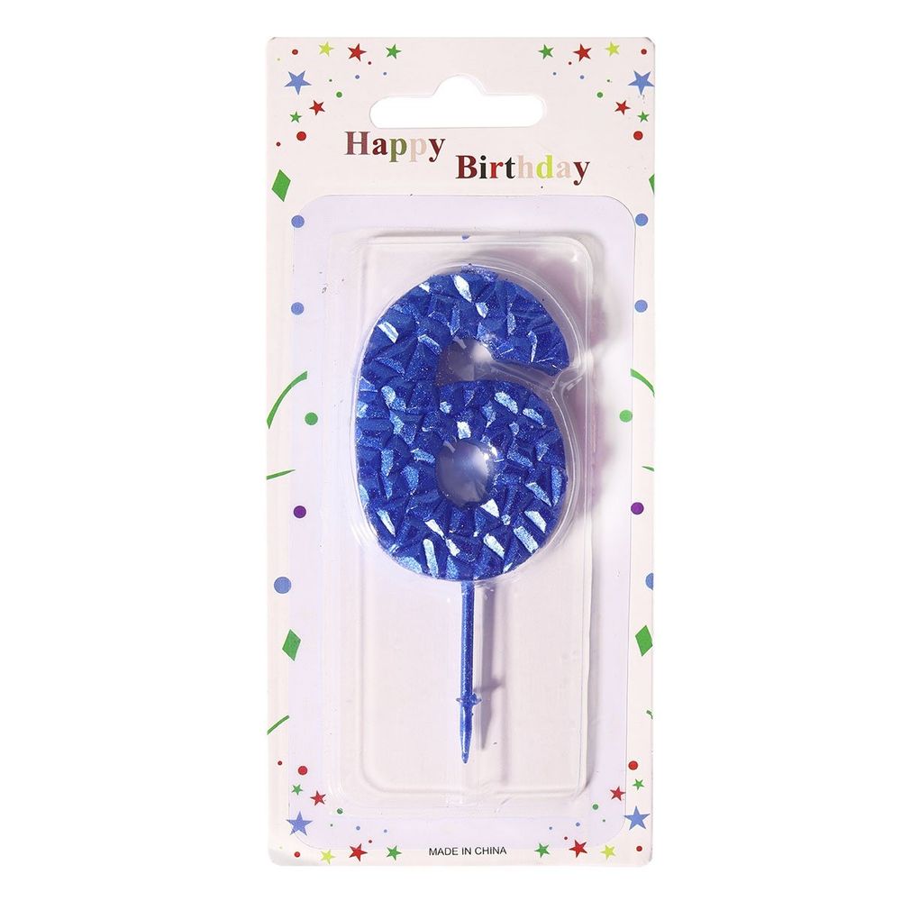 Свеча для торта Alingar, 5-6 см, на пике, "Цифра 6", цвет синий перламутр, блистер с европодвесом