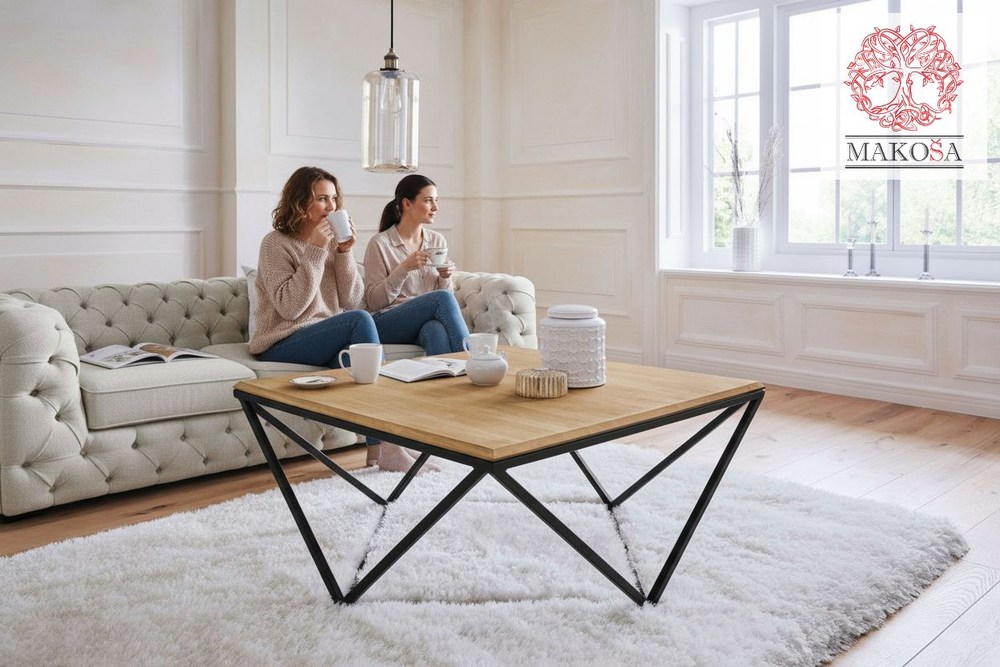 Стол журнальный 100х100х45, Детлиф, с металлическим подстольем, в стиле лофт, массив дуба, Dipriz