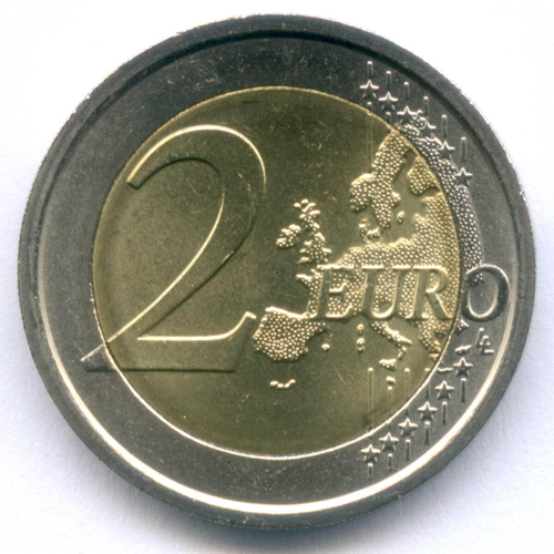 2 евро 2012 год. Италия. 10 лет наличному евро. Биметалл UNC