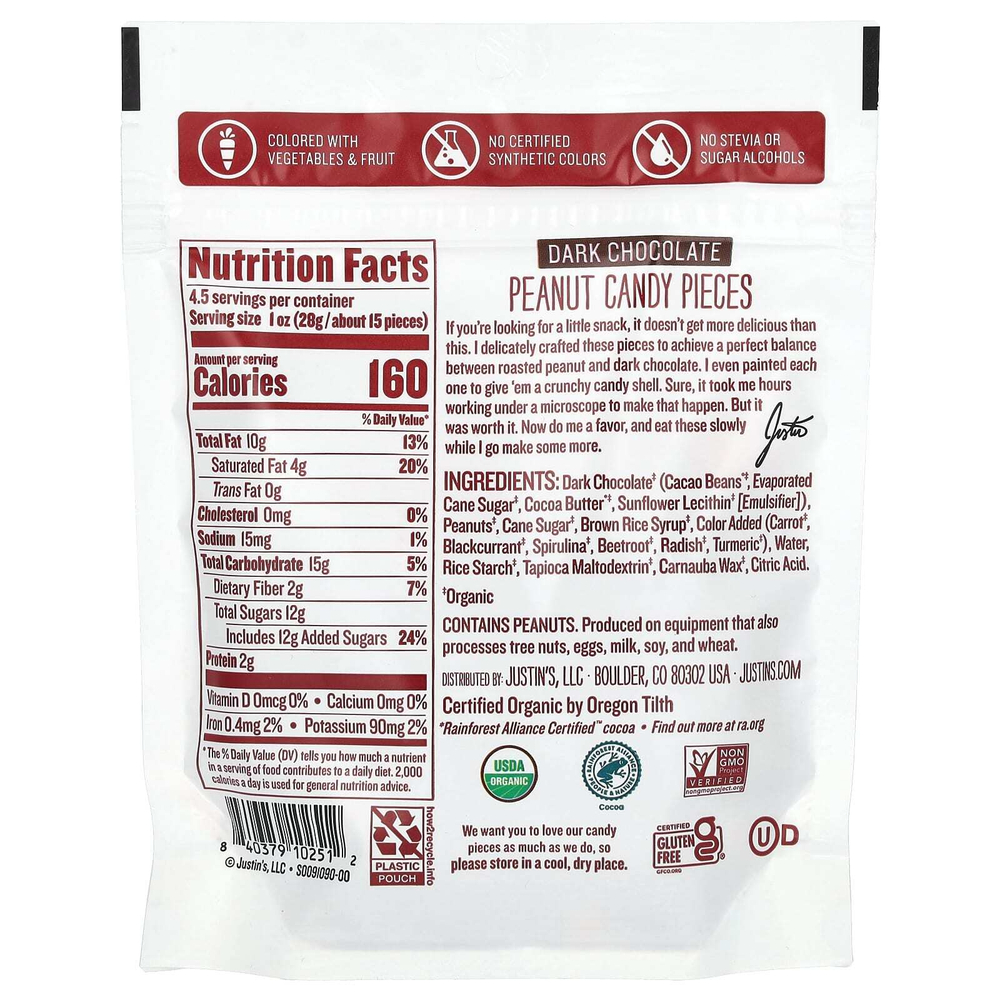 Justin's Nut Butter, Кусочки органического арахиса, темный шоколад, 128 г (4,5 унции)