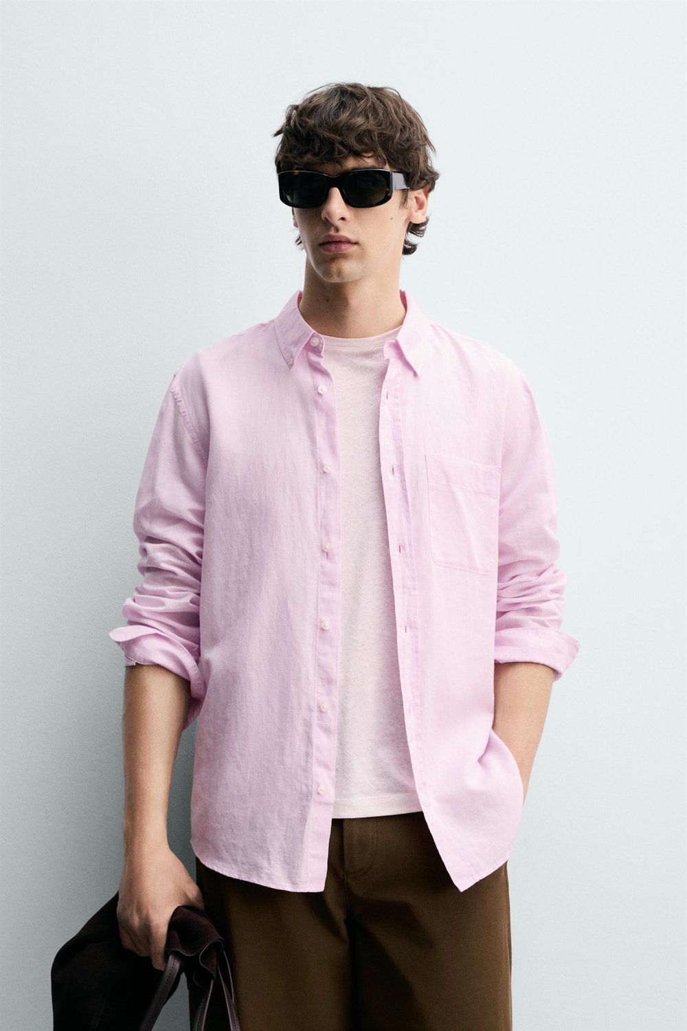 ZARА РУБАШКА REGULAR FIT ИЗ ЛЬНА И ХЛОПКА, РОЗОВЫЙ