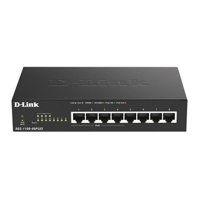 Коммутатор D-Link DGS-1100-08PLV2/A1A Настраиваемый L2 коммутатор с 8 портами 10/100/1000Base-T (4 порта PoE 802.3af/at, PoE-бюджет 80 Вт)