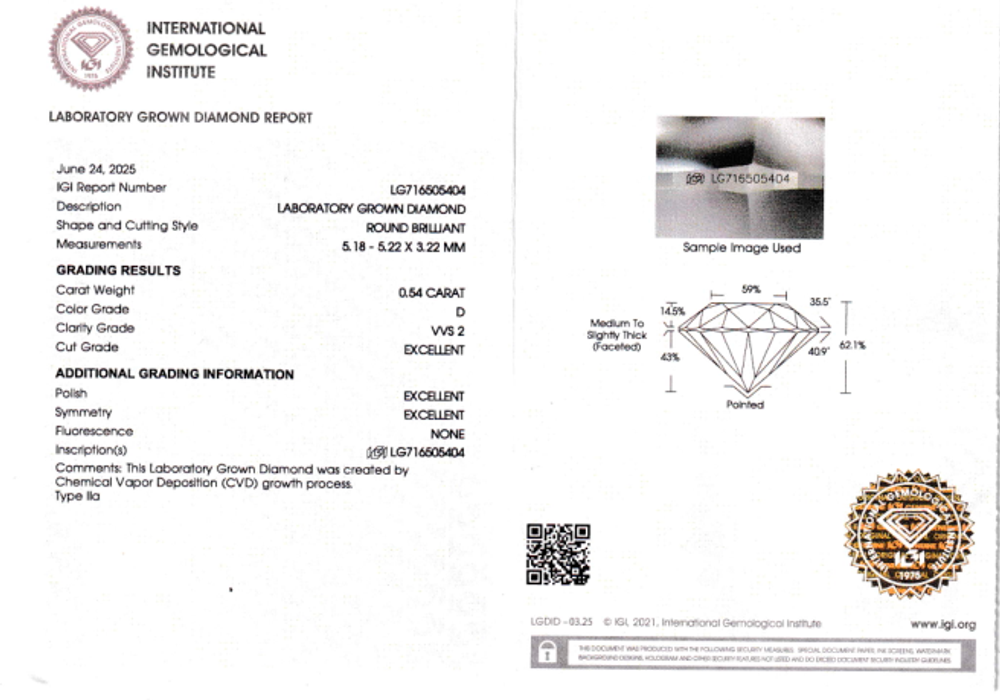 Лабораторно-выращенный бриллиант Кр-57 5.18-5.22 мм D/VVS2 0.54 ct