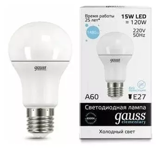 Лампа Gauss LED Elementary A60 15W E27 1480lm 6500K 23235