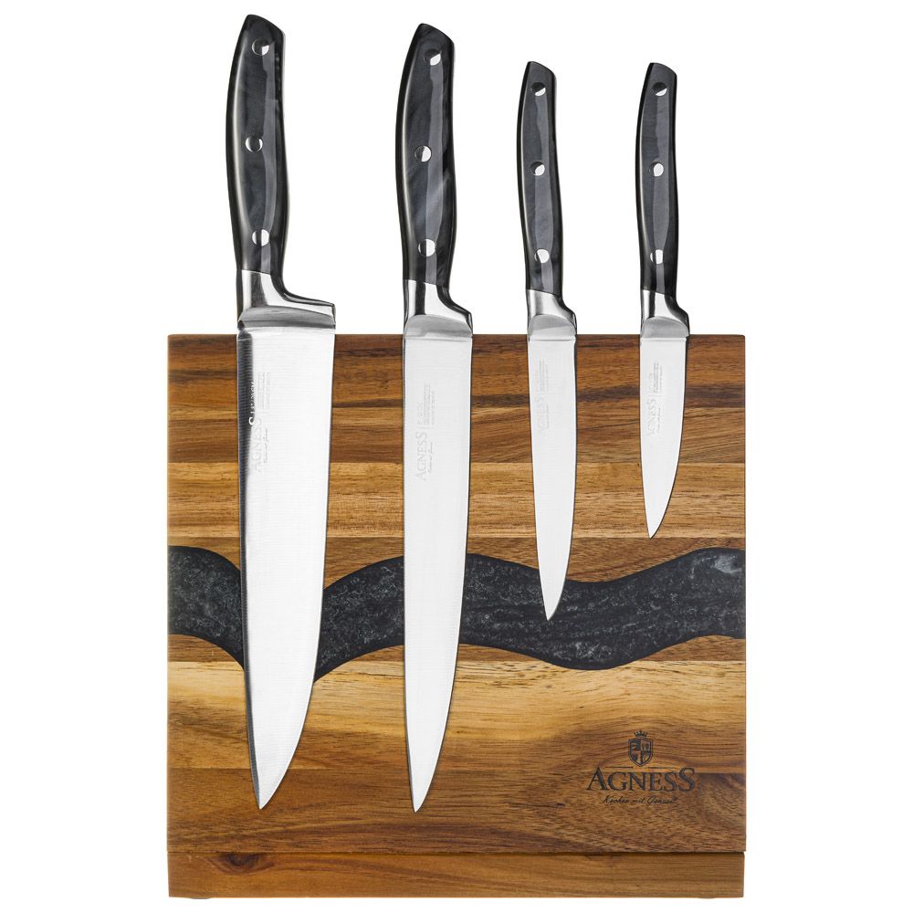 НАБОР НОЖЕЙ AGNESS НА ДЕРЕВЯННОЙ ПОДСТАВКЕ С МАГНИТНЫМ ДЕРЖАТЕЛЕМ, 5 ПРЕДМЕТОВ
