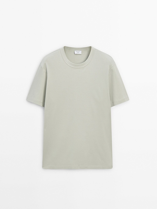 MASSIMO DUTTI Хлопковая футболка с короткими рукавами - Studio, зеленоватый