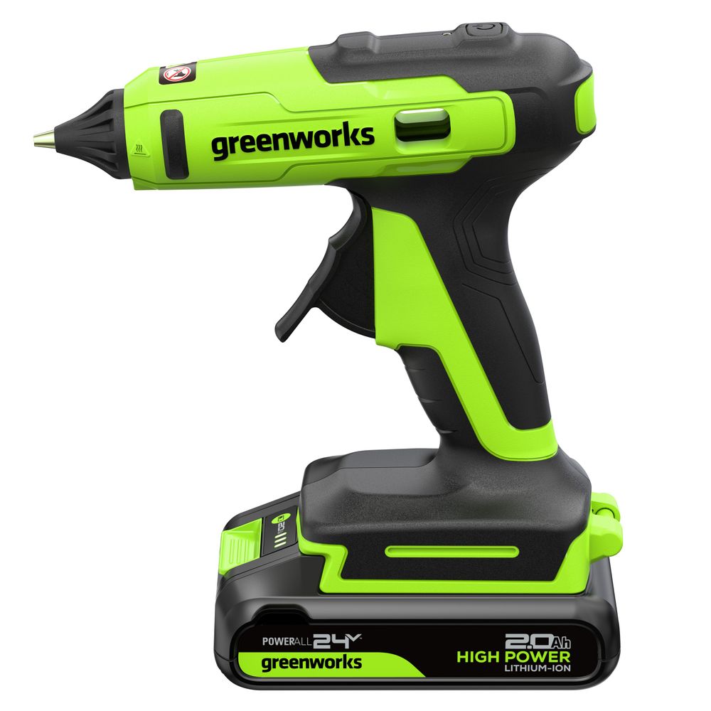 Пистолет клеевой акк. Greenworks G24GLG, 24V, 150°С, нагрев 90 сек, стержни 11 мм, антикапля,1х2Ач,ЗУ,кор (3502207CUA)