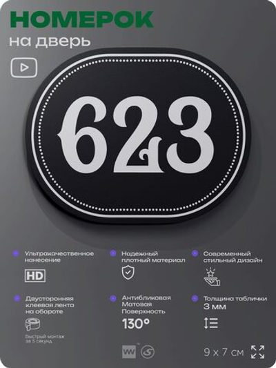 Номерок на дверь квартиры 623, для кабинета, офиса, шильдик 9 х 7 см, черный, Айдентика Технолоджи