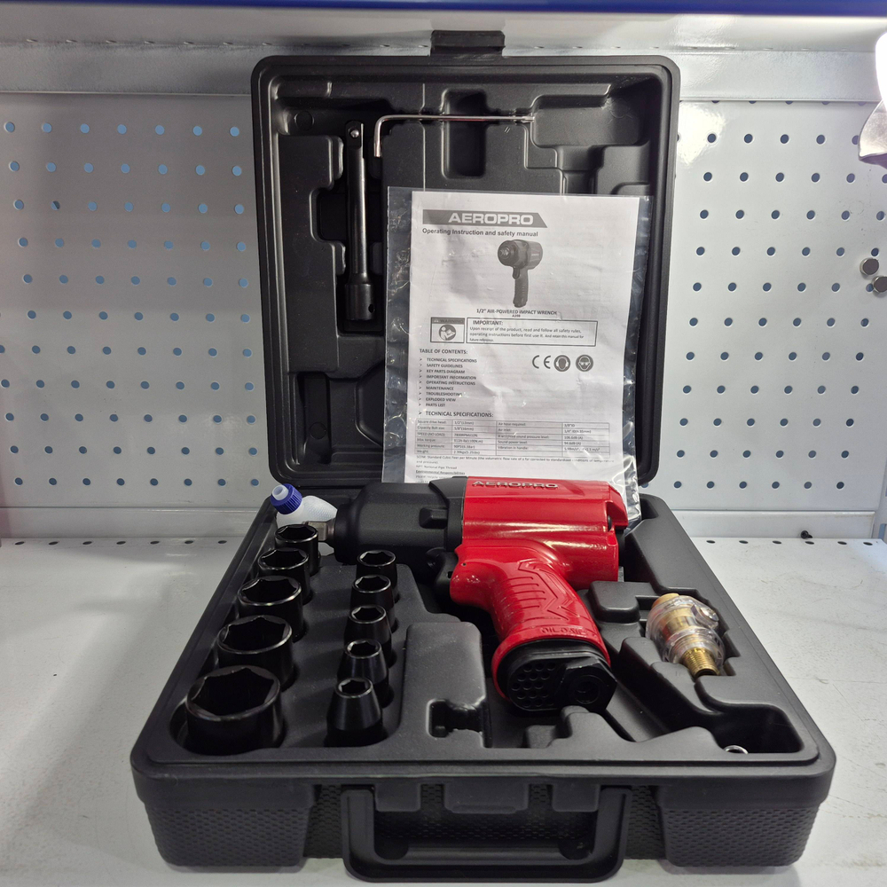 AP17808A (A398) / Пневмогайковерт ударный, 1/2", 7800rpm, 1100нм, с набором головок и удлинителем AeroPro