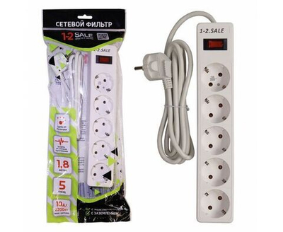 Cетевой фильтр ПВС 3х0.75 5роз. 5м 10А 2200W БЕЛЫЙ земля, выкл.