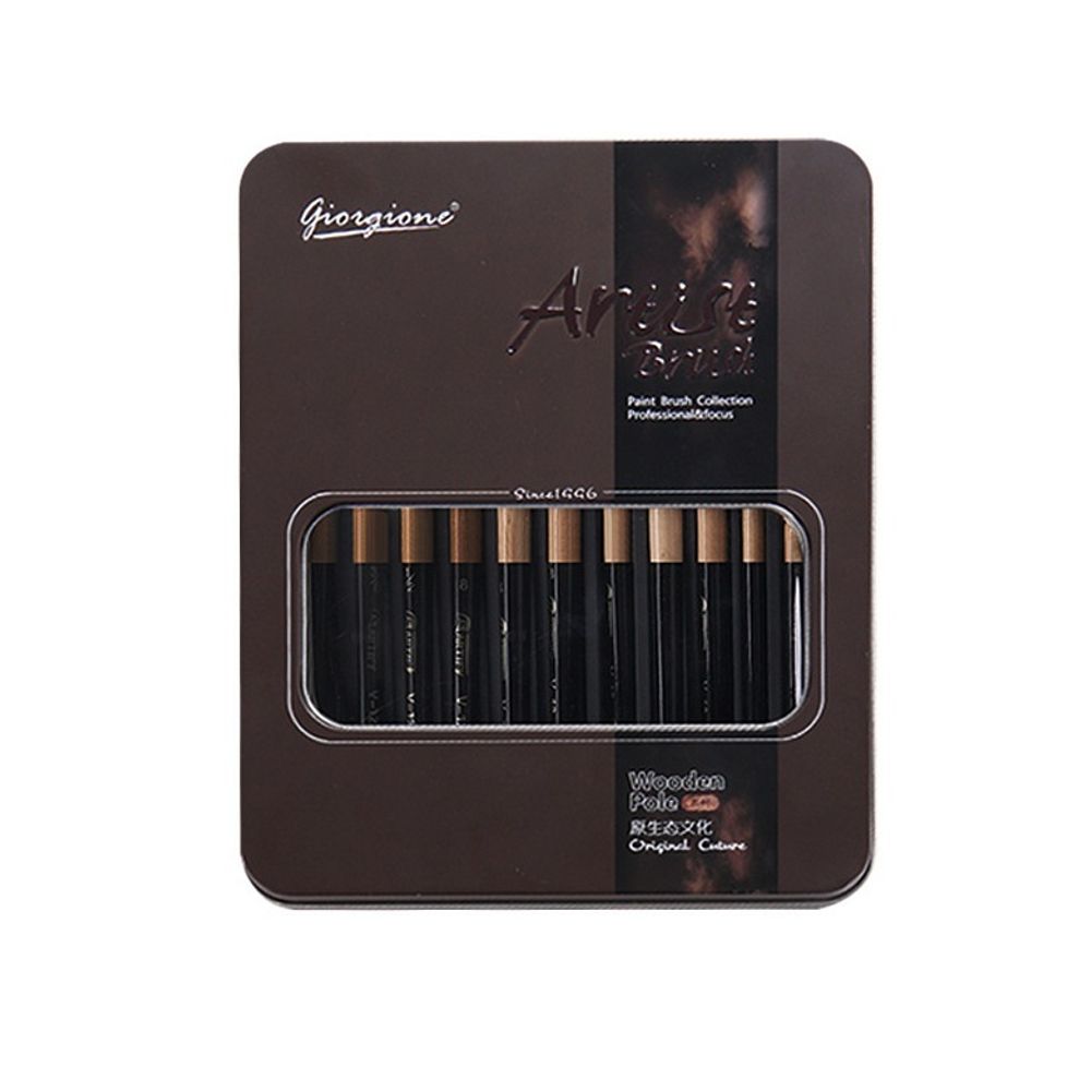 Набор кистей художественных нейлон 12шт Giorgione черный корпус, металл пенал, плюшевый чехол