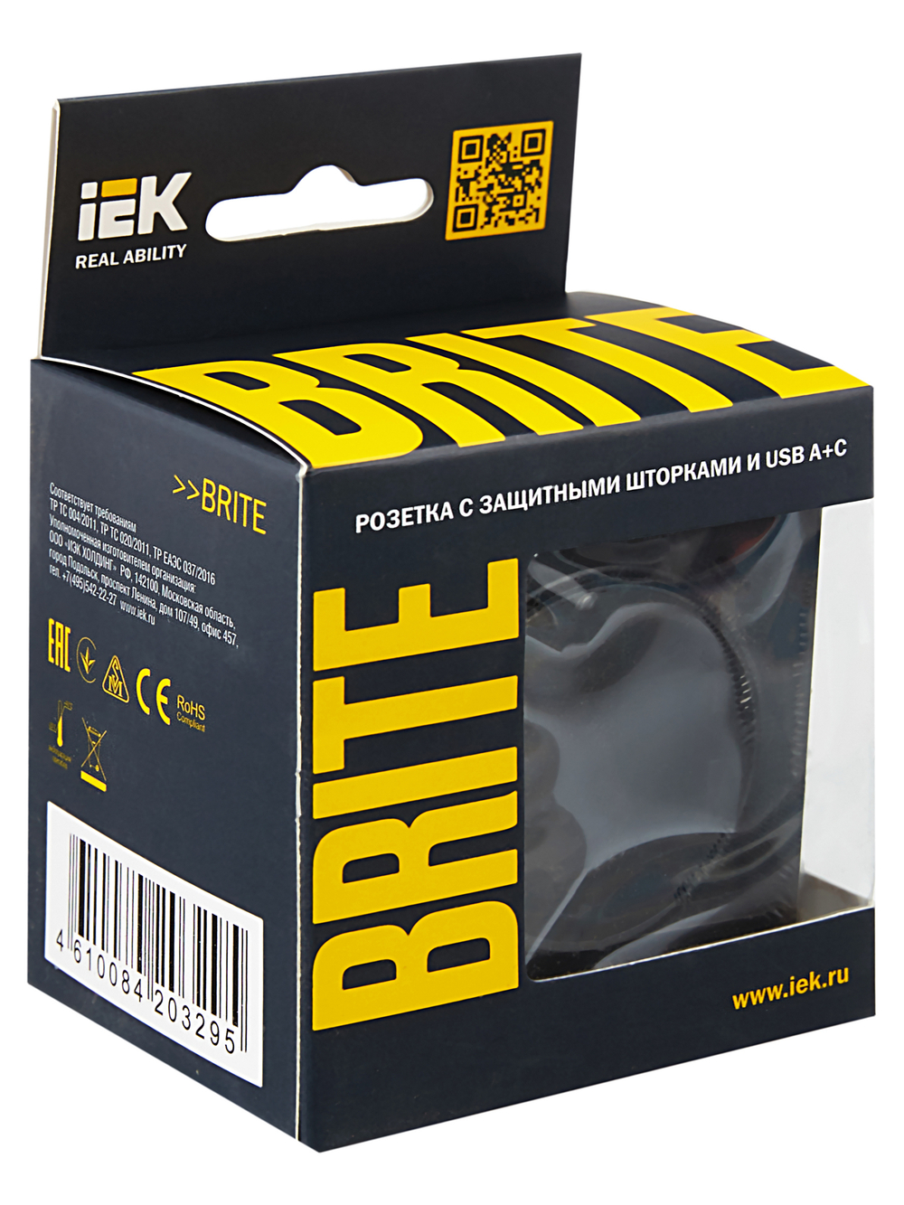 BRITE Розетка 1-местная с заземлением с защитными шторками 16А с USB A+C 18Вт РЮш11-1-БрЧ черный IEK