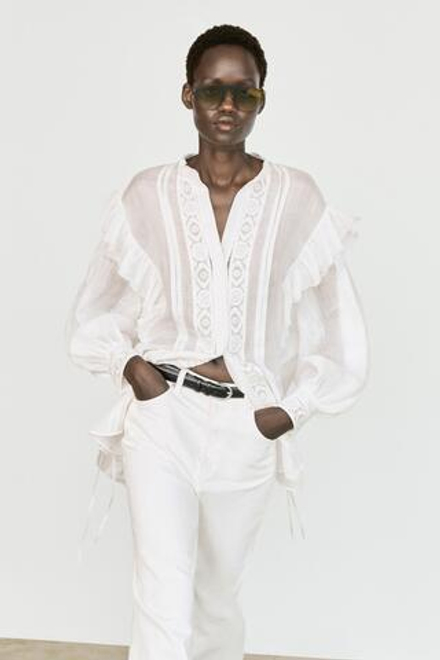 Massimo Dutti Блуза с воротником-стойкой, вышивкой и оборками, белый