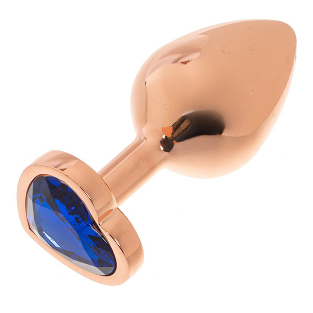 Золотистая анальная пробка OYO 7,3см с синим кристаллом-сердцем