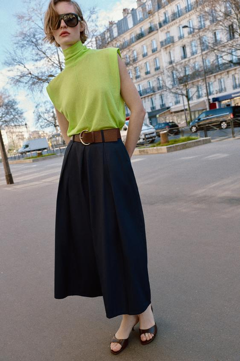 ZARA БРЮКИ-КЮЛОТЫ С РЕМНЕМ, МОРСКОЙ СИНИЙ