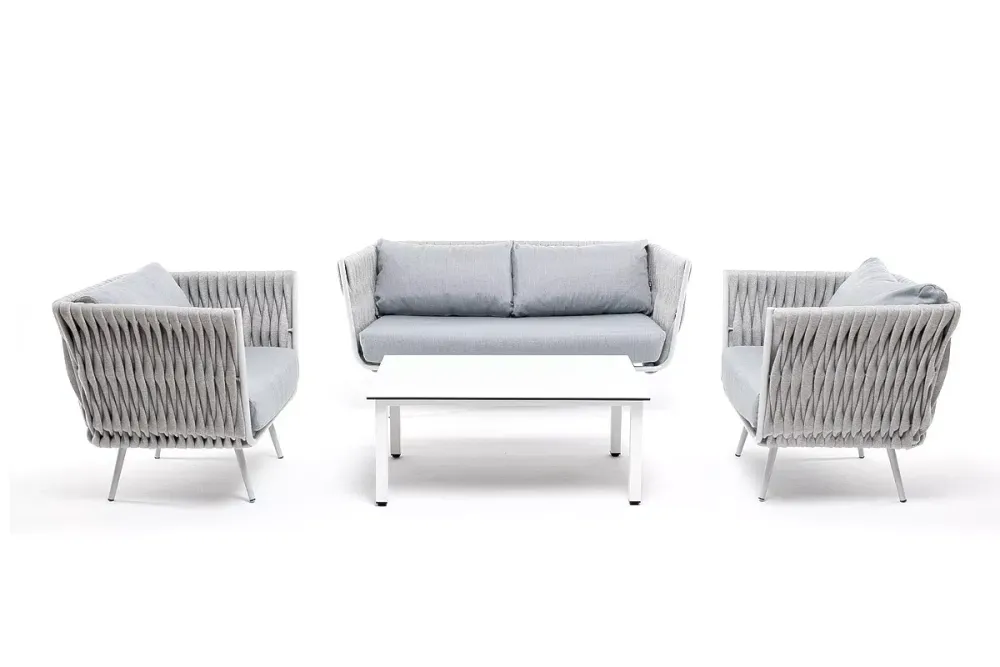 "Монако" лаунж-зона 4-местная из роупа со столом "Верона" (серый гранит), каркас светло-серый, роуп светло-серый