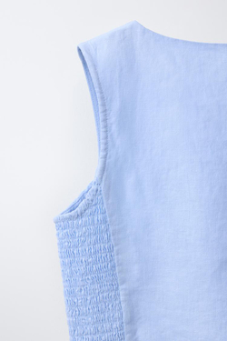 ZARA ЖИЛЕТ В РУБЧИК ИЗО ЛЬНА, НЕБЕСНО-ГОЛУБОЙ