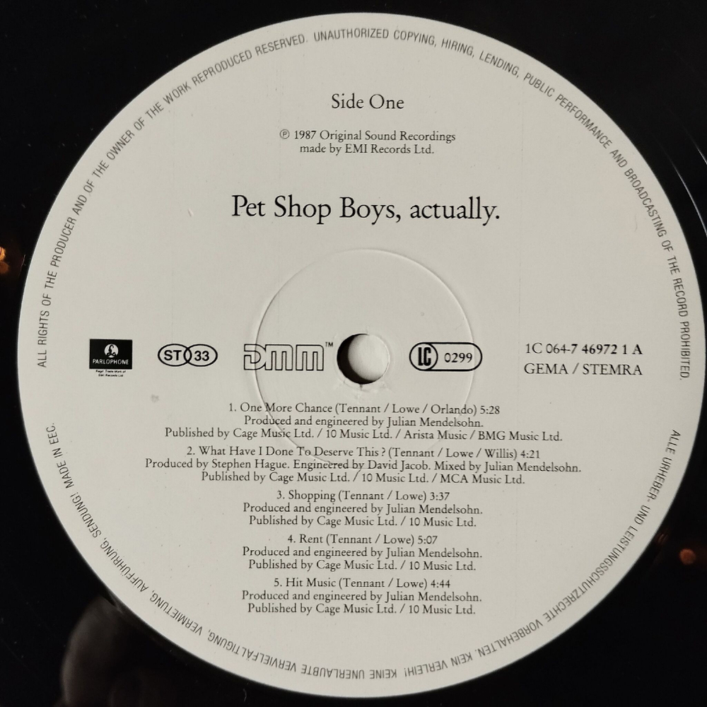 Винтажная виниловая пластинка LP Pet Shop Boys Actually (Germany 1987) Hit Music