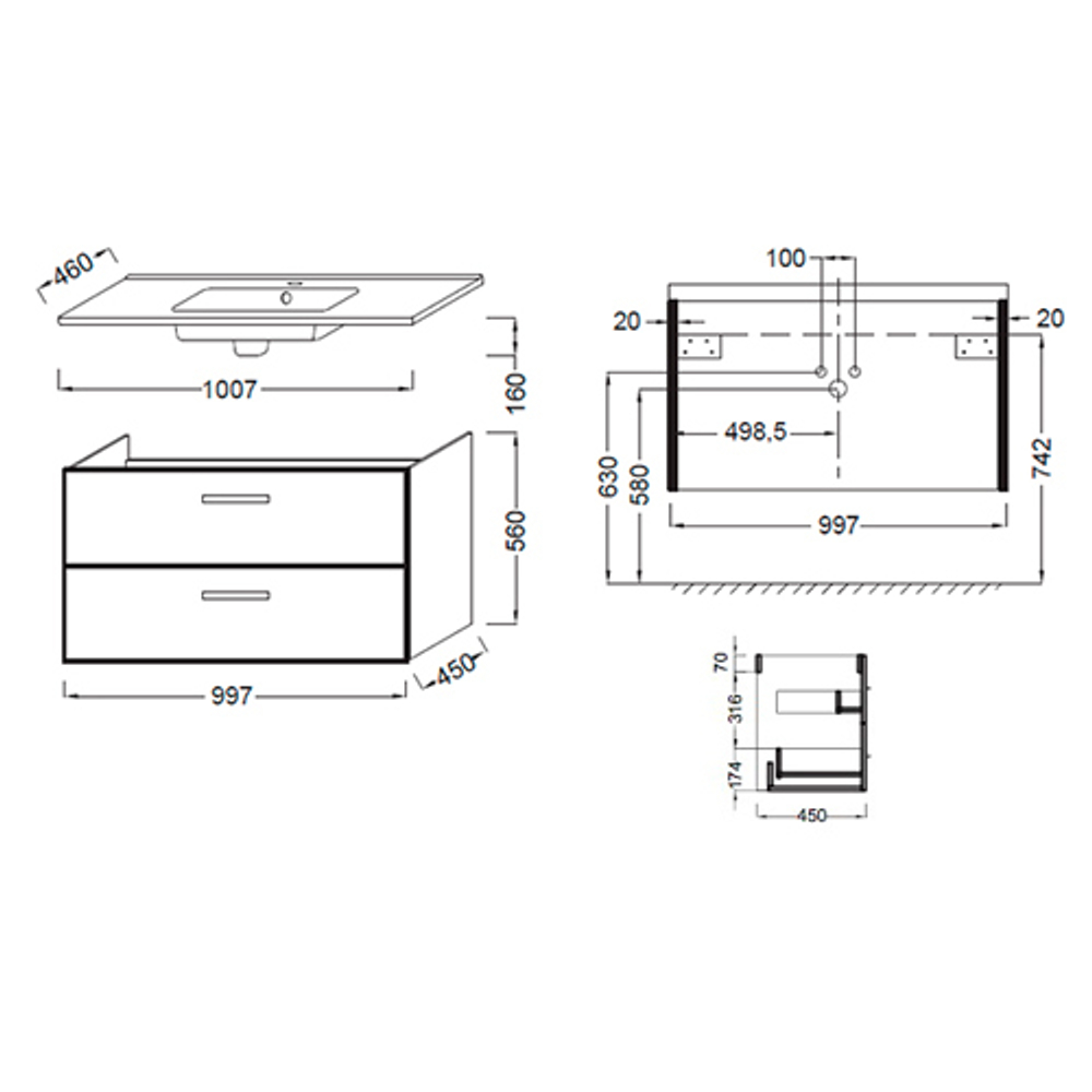 Мебель под раковину Jacob Delafon 99x45 Ola EB392-J5 схема