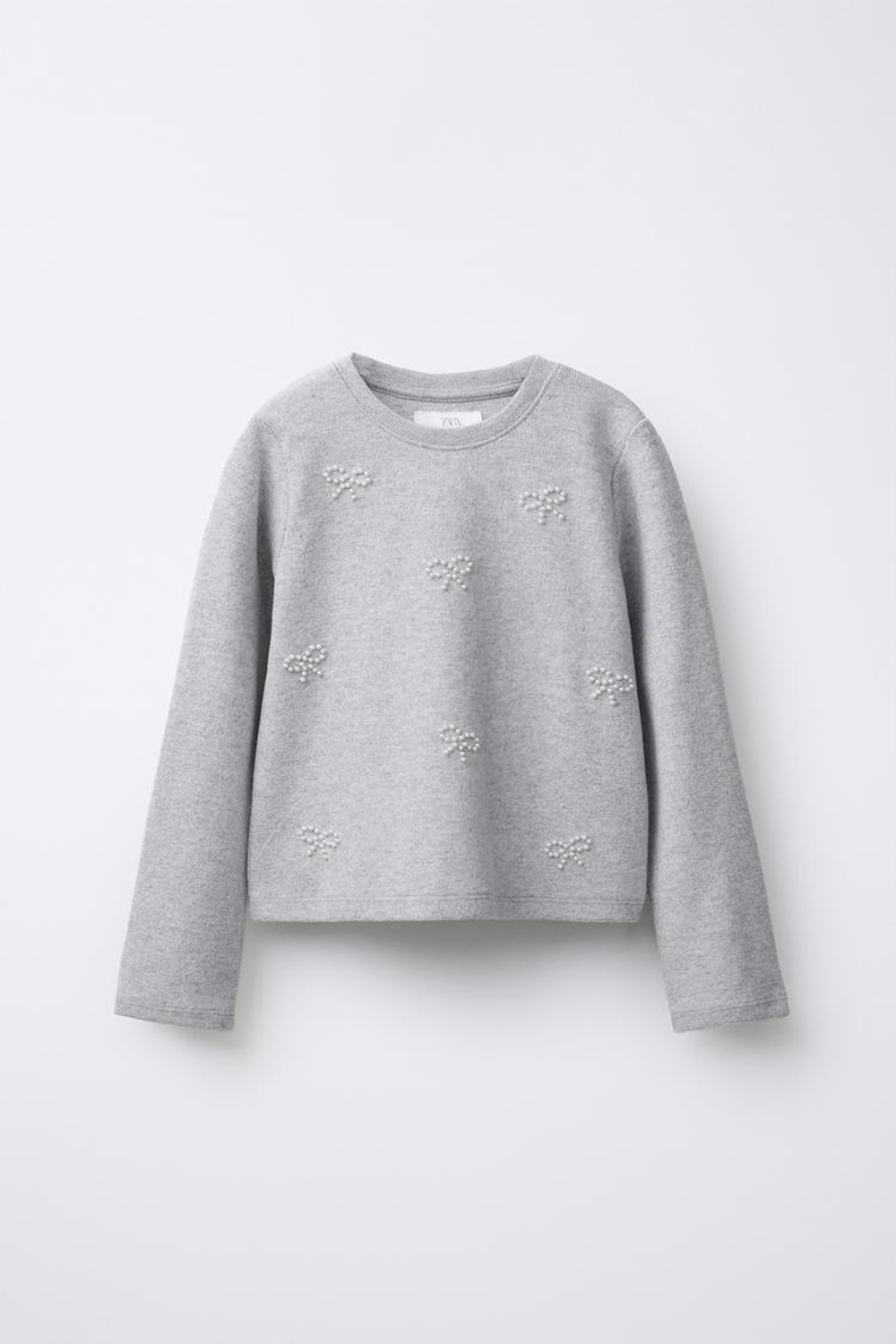 ZARA ЛОНГСЛИВ SOFT TOUCH С БАНТАМИ И БУСИНАМИ, ЖЕМЧУЖНО-СЕРЫЙ