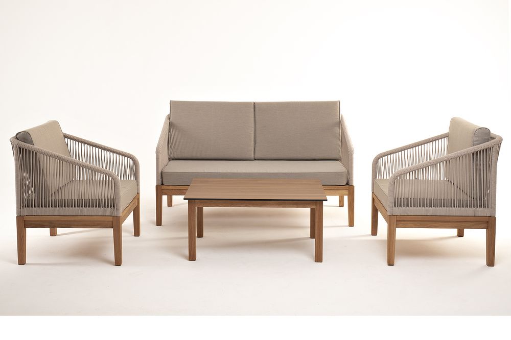 "Канны" лаунж-зона 4-местная из роупа со столиком "Канны" цвета "дуб", основание дуб, роуп бежевый