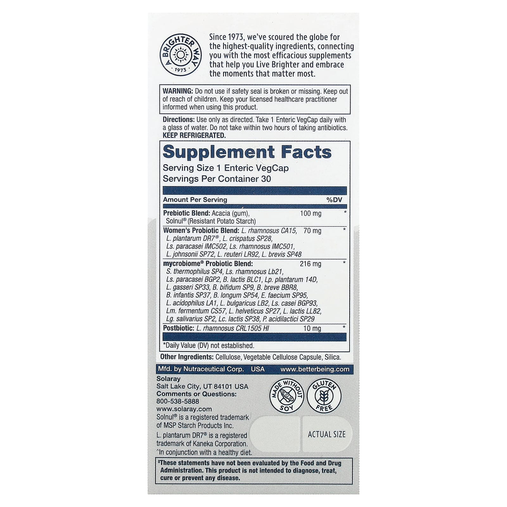 Solaray, Mycrobiome®, полноценный пробиотик, для женщин, 30 растительных капсул