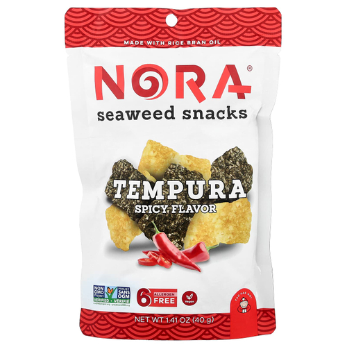 Nora Snacks, снеки с морскими водорослями, темпура, пряные, 40 г (1,41 унции)