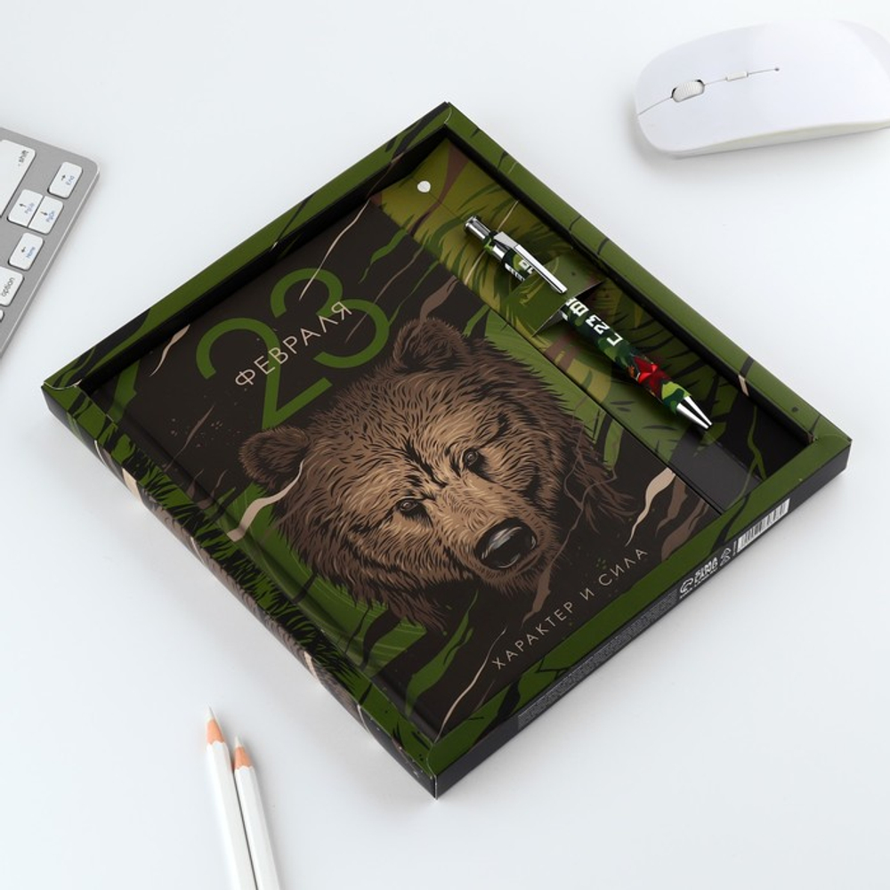 Подарочный набор «23 февраля медведь», ежедневник А5, 80 л в твердой обложке и ручка