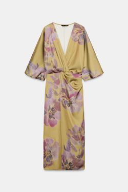 ZARA АТЛАСНОЕ ПЛАТЬЕ МИДИ С ПРИНТОМ, КОРИЧНЕВЫЙ / ЗЕЛЕНЫЙ