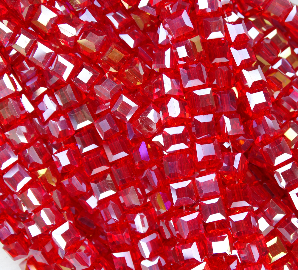 БВ008ДС6 Хрустальные бусины квадратные, цвет: ярко-красный AB прозрачный, 6 мм, кол-во: 25 шт.