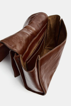 ZARA КОЖАНАЯ МИНИ-СУМКА-ШОПЕР С ДВОЙНЫМ КАРМАНОМ, КОРИЧНЕВЫЙ