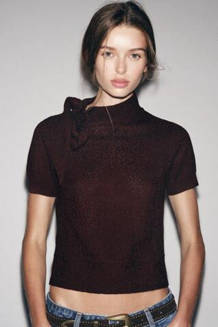 ZARA ТРИКОТАЖНЫЙ ТОП С ЗАВЯЗКАМИ, ГРАНАТОВЫЙ
