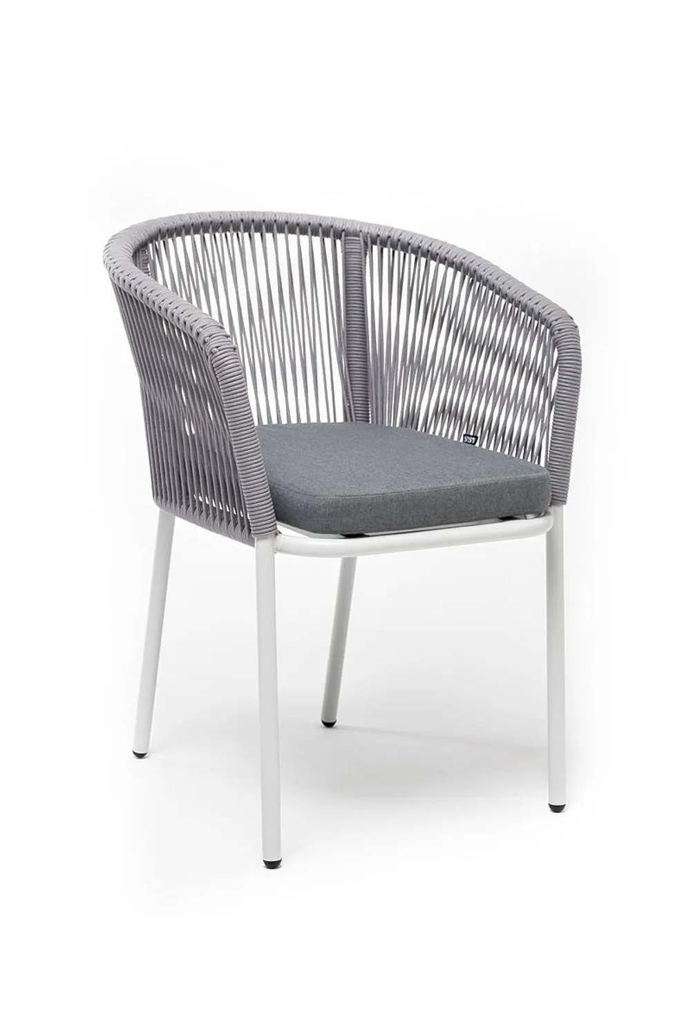 "Марсель" стул плетеный из роупа, каркас алюминий белый муар, роуп светло-серый круглый, ткань светло-серая