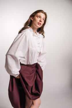 Блузка с рюшами и воротником-стоечкой из смесового льна, Айвори