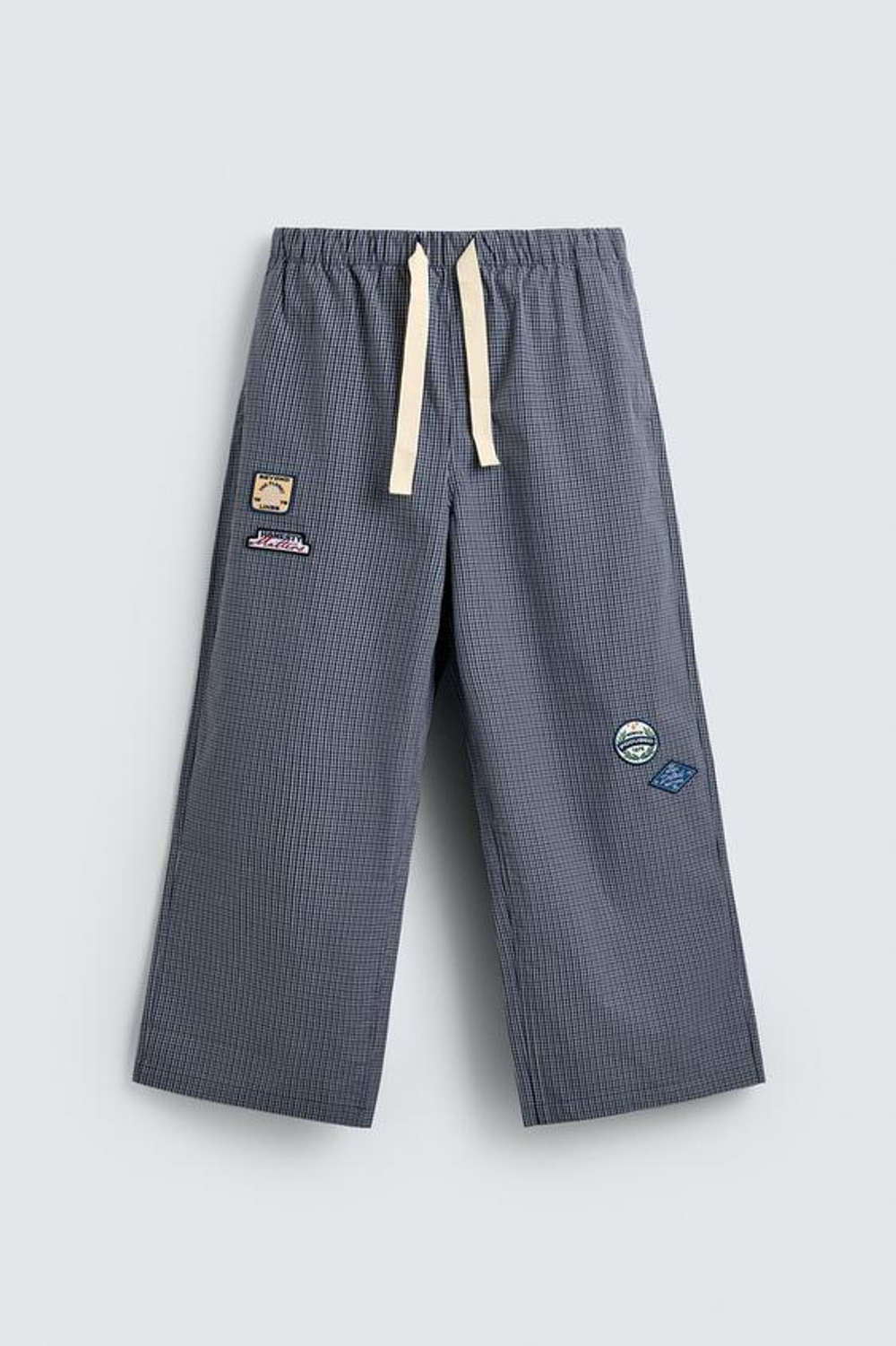 ZARA БРЮКИ RELAXED FIT В КЛЕТКУ С НАШИВКАМИ, МОРСКОЙ СИНИЙ