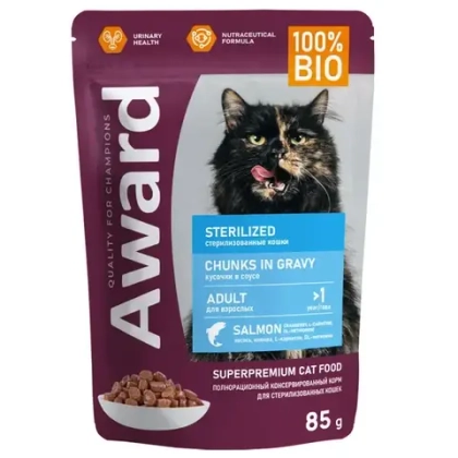 AWARD Влажный корм для взрослых стерилизованных кошек, кусочки в соусе с лососем, 85 г