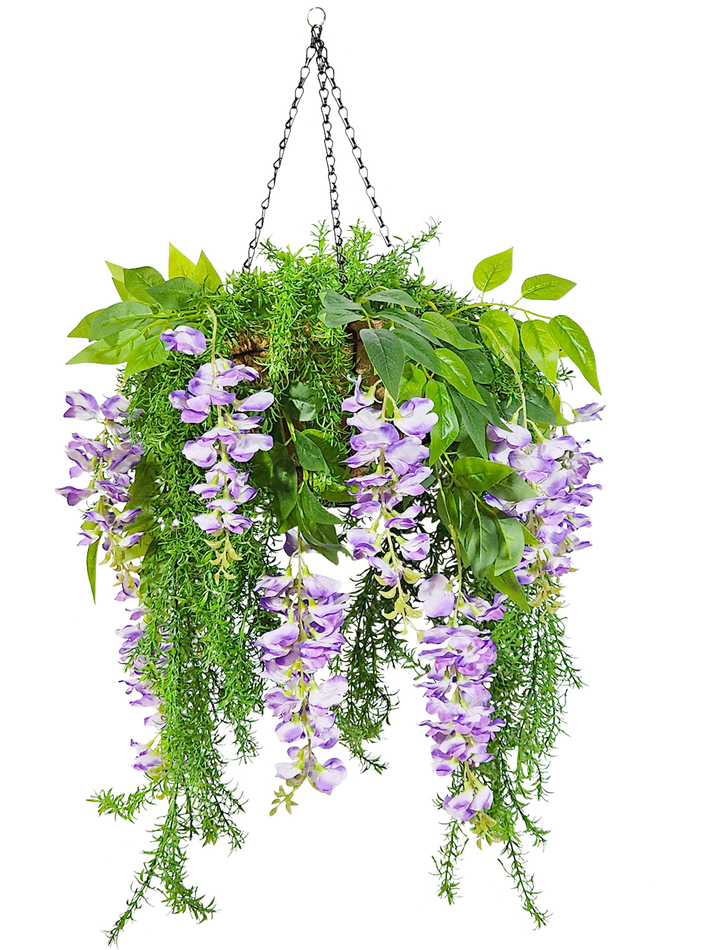 Искусственные цветы Акация бело-фиолетовая с зеленью в подвесном кашпо