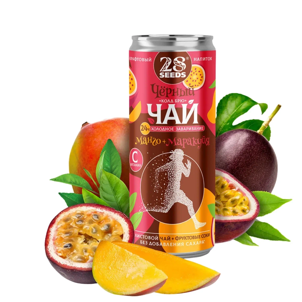 Черный чай «Колд брю» Манго и Маракуйя 28SEEDS в банке с тропическими фруктами
