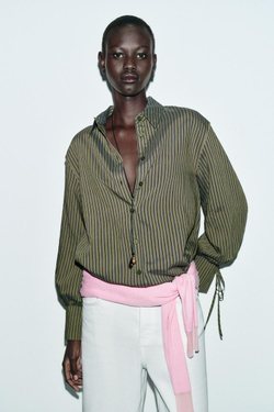 ZARA РУБАШКА В ПОЛОСКУ С ЗАВЯЗКАМИ, ТЕМНЫЙ ХАКИ