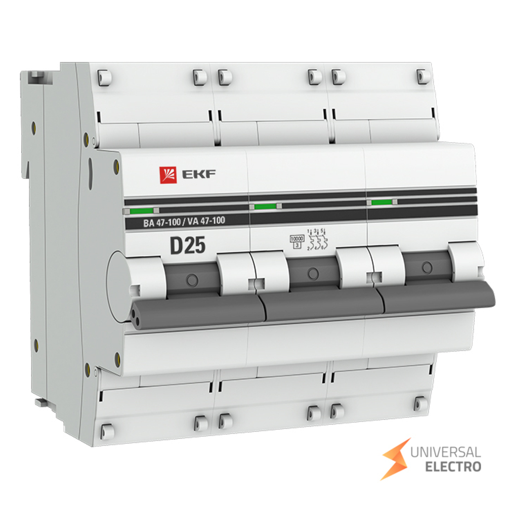 Автоматический выключатель 3P 25А (D) 10kA ВА 47-100 EKF PROxima
