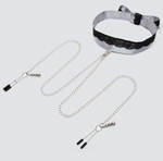 Атласный ошейник с зажимами для сосков Play Nice (Цвет: серебристый с черным)