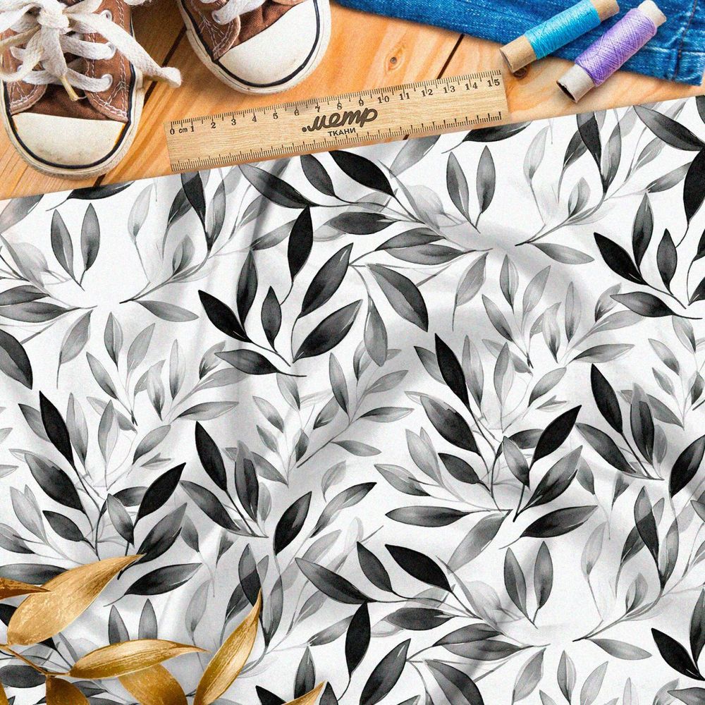 Ткань премиум дюспо серые листочки на белом