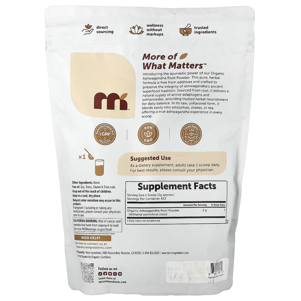 Micro Ingredients, Органический порошок из корня ашваганды, 907 г (2 фунта)