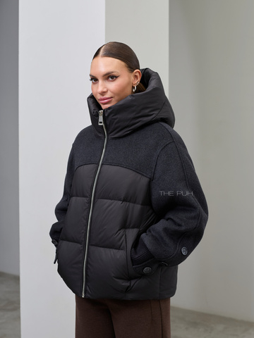 Комбинированный черный пуховик с капюшоном