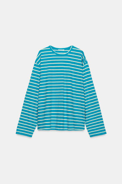 ZARA ФУТБОЛКА ИЗ ХЛОПКА И ЛЬНА В ПОЛОСКУ, СИНИЙ/БЕЛЫЙ