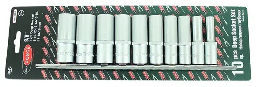 Набор торцевых головок RF-3102-9: 3/8"DR 12-гранных глубоких на планке 10пр. ROCKFORCE